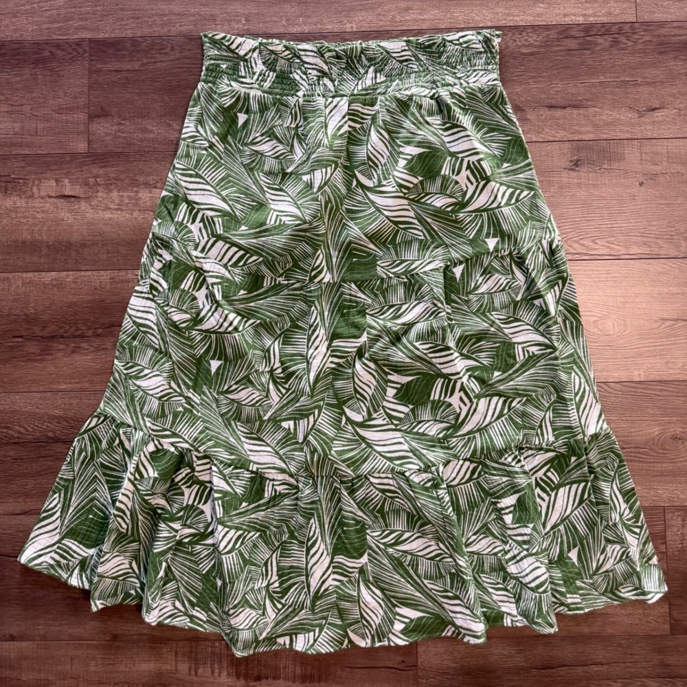 Chicos Green White Tropical Palm Leaf Smocked Tiered Maxi Skirt Size 3/XL